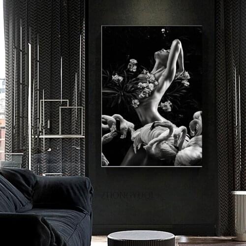 Canvas Painting wall art Flower woman flamingo black and white poster and Prints Nordic Room Decoration Animal Oil Painting