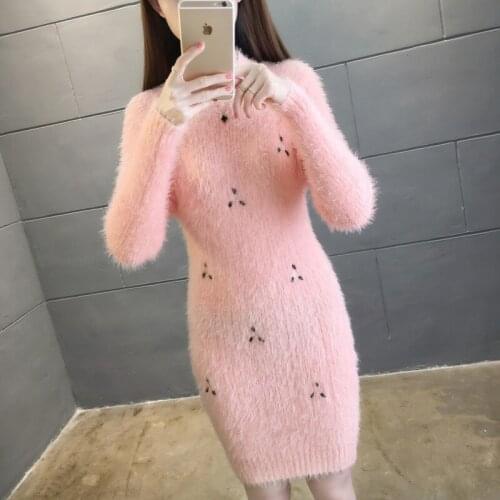 Korean Fashion Long Sweater Tops Pink White Slim Embroidered Sueters Mujer Winter Clothes Women Long Sleeve Knitted Pulls Jersey