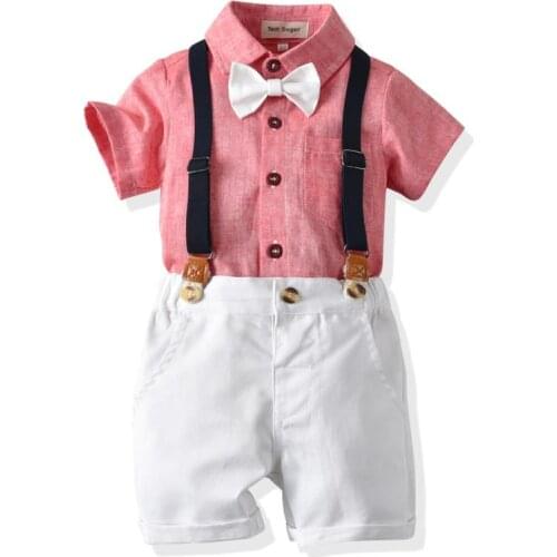Summer Toddler Boys Set Gentleman Suit Kids Short Sleeve Bow Tie Pink Shirt+White Suspenders Shorts Casual Baby Boy Clothes L913