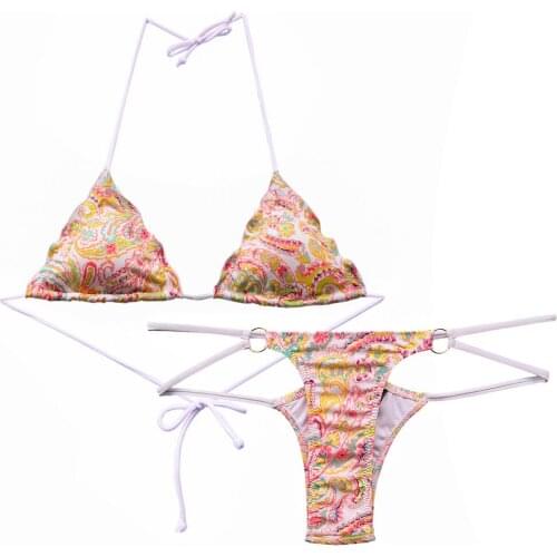 Summer Women Yellow Bow Triangle Bikini Set Printing Secret Swimsuit Biquini Thong Bottom Brazilian Bathing Suit Cheeky Swimwear