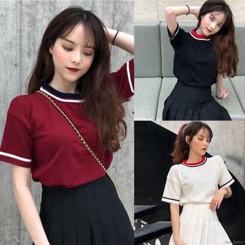 Summer Women Knitted Tops Block Casual Short Sleeve Knit T-Shirt
