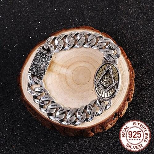 100% Pure 925 Silver Eye Of Horus Men Bracelet Punk Rock Gold Vintage Flower Cross Sterling Silver Bracelets Man Jewelry Gifts