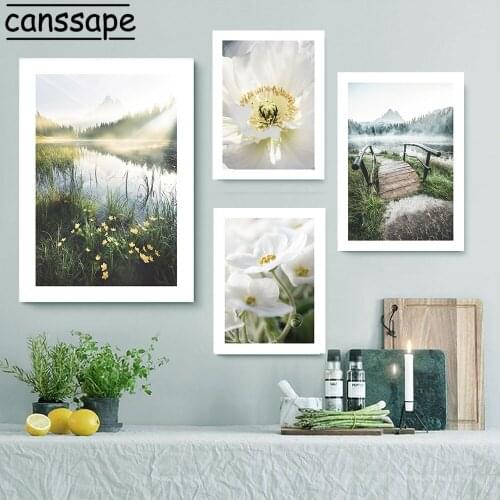 Mountain Lake Blossom Canvas Print Forest Sunlight Poster Green Nature Landscape Painting Nordic Wall Posters Living Room Decor
