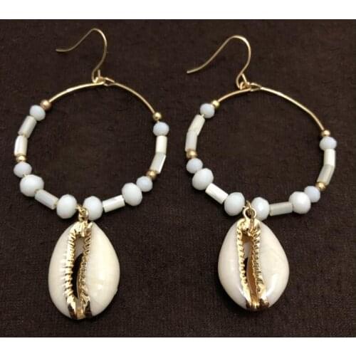 Wholesale Natural Sea Shell Pendant Earring Big Circle Gold Color Plated Shell Drop Earrings for women Fashion Jewelry 1 Pair