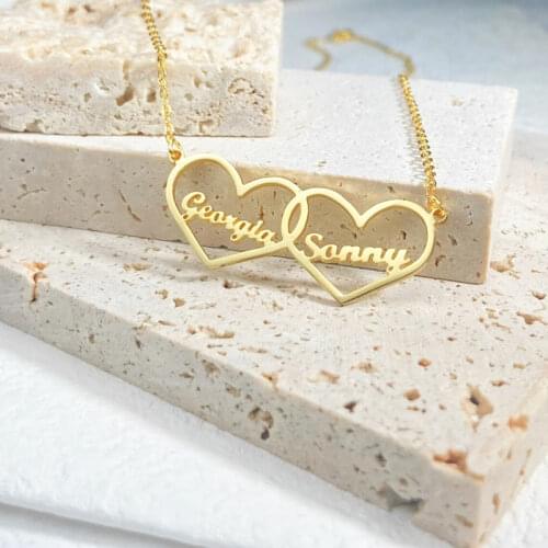 Personalized Double Heart Necklace Custom Two Name Necklaces Pendants Stainless Steel Chain Gold Choker Valentines day Jewelry