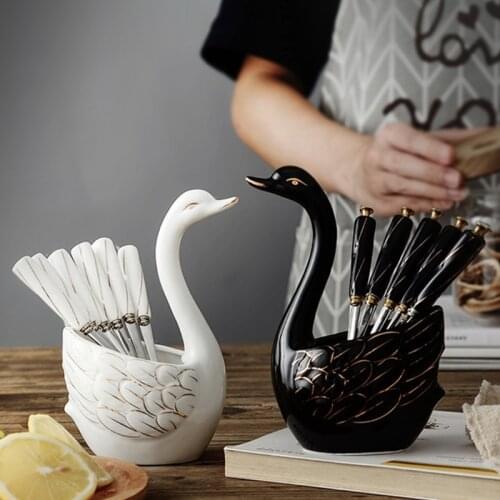 Portable Cutlery Set Tableware 2 Spoon 4 Fork with Ceramic Swan Stand Holder Dinnerware Kitchen Dinner Set Cake Dessert Snack Fo