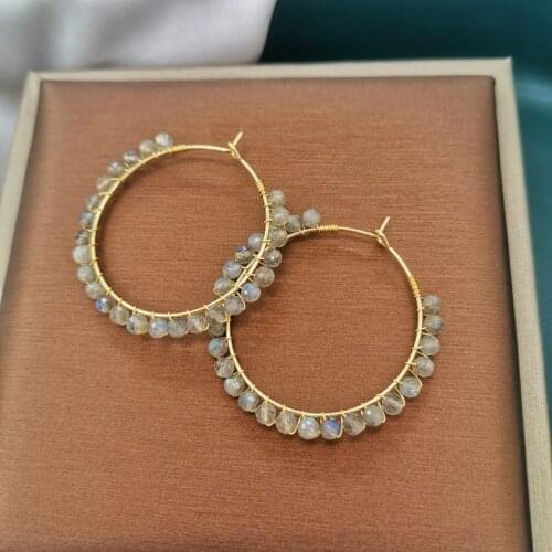 Labradorite Boho Earrings Natural Stone 14K Gold Filled Hoops Moonstone Statement Jewelry Wire Wrap Hollow Circle Women Earrings