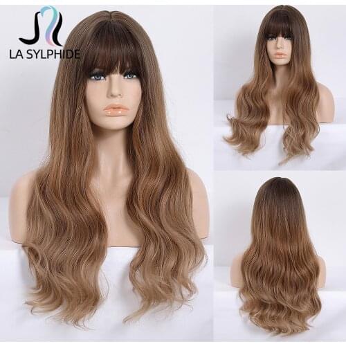 La Sylphide Synthetic Wig Long Deep Wave Root Dark Brown Ombre Brown Wigs with Bangs for Women Party Daily Wig Heat Resistant