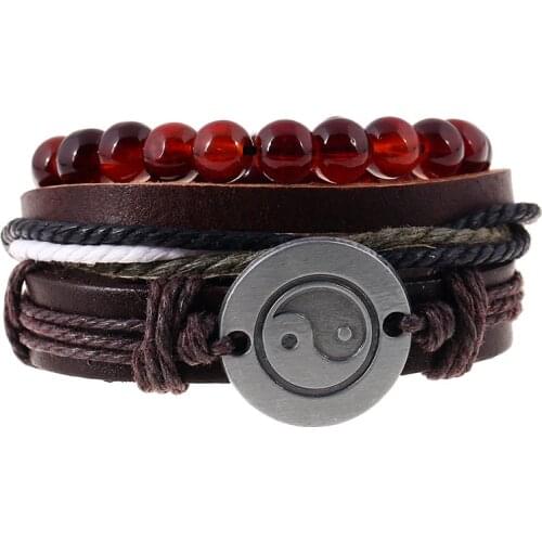Taichi Charm Mluti-layer Genuine Leather Bracelets 3pcs/set Retro Beaded Bangle Adjustable Unisex Personality Bracelet Wristband
