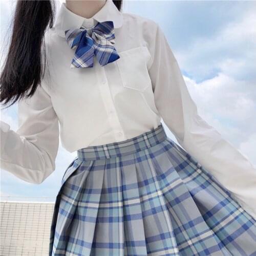 Womens Long Sleeve Blouses 2-piece Set Korean High Waist Pleated Skirts Cute Mini Plaid Skirt Women JK Uniform Students Clothes