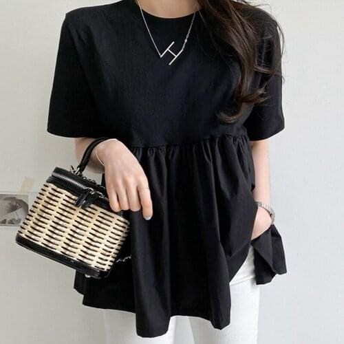 Womens Tshirt Ruffles Solid Short Sleeve O-neck Girls Tee Top White Black Loose Causal Cute 2021 Summer Harajuku Ladies Tops