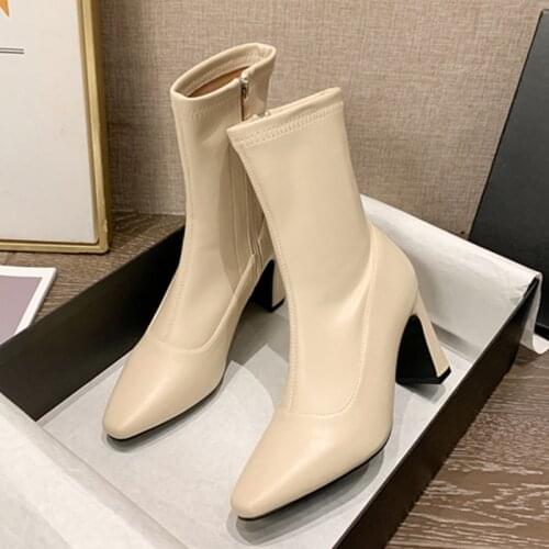 2021 Winter Elegant Women Square Toe Beige Sock Boots 7cm Block High Heels Ankle Boots Soft Leather Zippers Boots Party Shoes