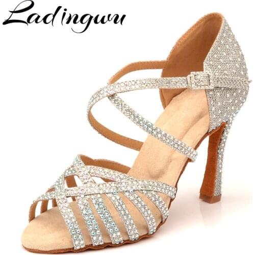Ladingwu Latin Dance Shoes Women Party Dance Shoes Four-color Optional Shining Rhinestones Salsa Dance Shoes Sandals Cuban Heel