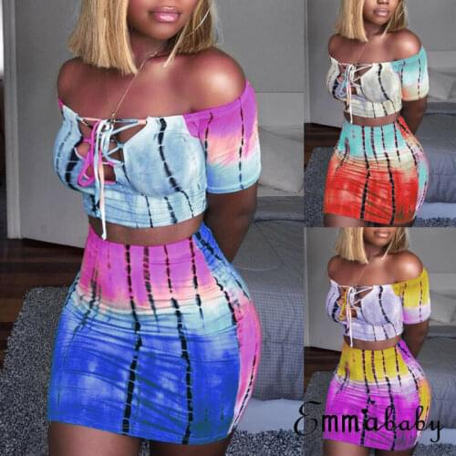 2019 New Women Sexy Sets 2 Piece Off Shoulder Bodycon Crop Top Short Mini Skirt Set Summer Lady Beach Bandage Mini Dress
