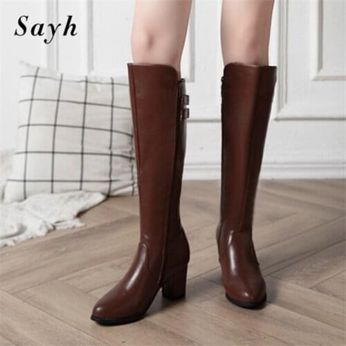 2020 Autumn/Winter Knee High Boots High Heel Shoes Fashion Boots Thick Heel Metal Belt Buckle Pointy Boots Casual Riding Shoes