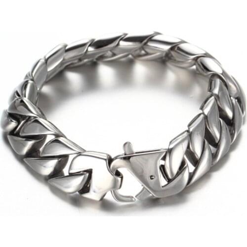 15mm Silver Color Men Chain Bracelet Stainless Steel Curb Cuban Link Chain Bangle for Male Hiphop Trendy Wrist Jewelry Gift