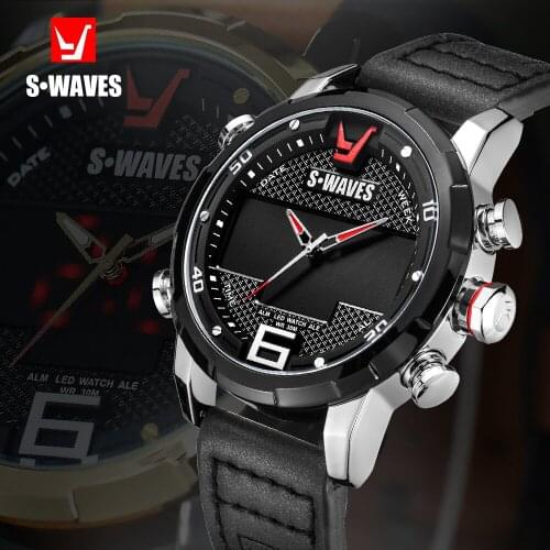 SWAVES Great Brand Watches Leather Sport Mens Watch Quartz LED Digital Clock Water Resistant Military Wristwatch SW2056P