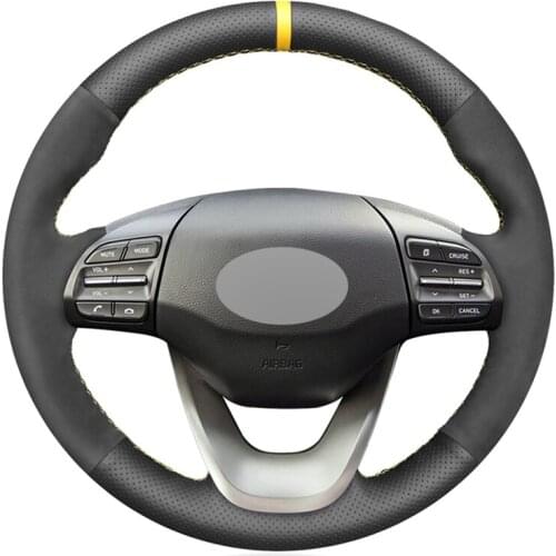 Black Suede Artificial Leather Yellow Marker Hand-stitched No-slip Car Steering Wheel Cover for Hyundai Kona 2017 2018 2019
