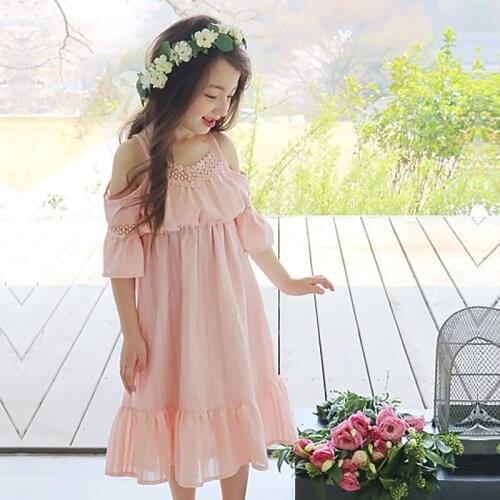 Childrens Girls Summer New Girls Childrens Cotton Lace Princess Sling Dress Lace Splicing Childrens Wear Pink