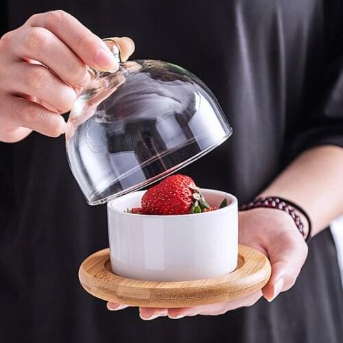 Ceramic Bowl with Glass Covered Creative Dessert Fruits Salad Ice Cream Bowl Snack Plates Pudding Cup with Bamboo Wooden Trays