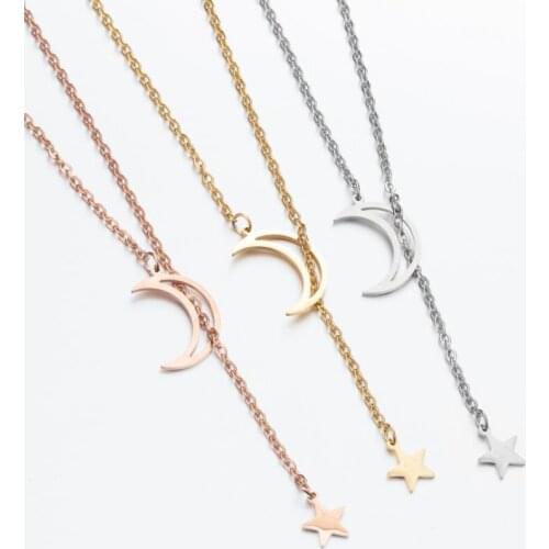 AsJerlya Classic Stainless Steel Women Necklace Rose Gold Double Pendant Long Chain Moon Star Necklaces Choker Wedding Gifts