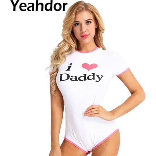 Women Adult I Love Daddy Pattern Short Sleeve Crotch Cotton Romper Jumpsuit Bodysuit Diaper Lovers Age Players Leotard Clubwear