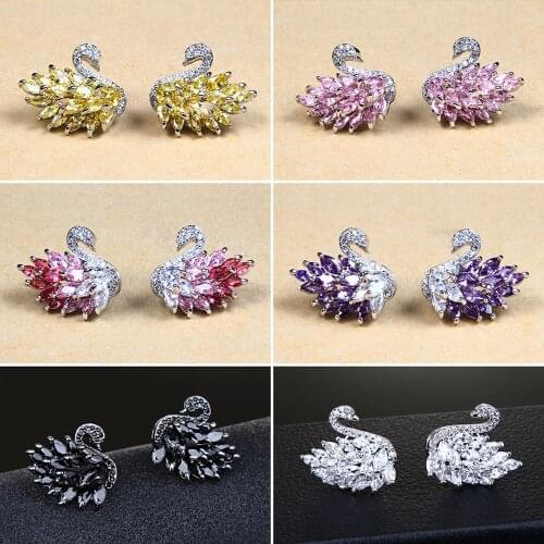 LADYCHIC New Design Crystal Swan Earring Black Clear Multicolor Cubic Zirconia Stone Stud Earrings for Women Fashion Jewelry