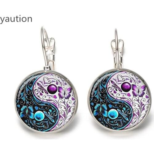 Hot! Hot Selling 16mm Glass Cabochon Earring white And Black Yinyang art Picture Stud Earring Jewelry Gift