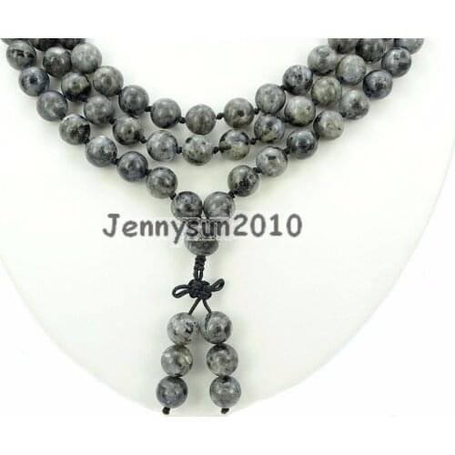 Natural Larvikite Labradorite 10mm Gems Stone Buddhist 108 Beads Prayer Mala Knot Necklace Multi-Purpose 5Strands/Pack