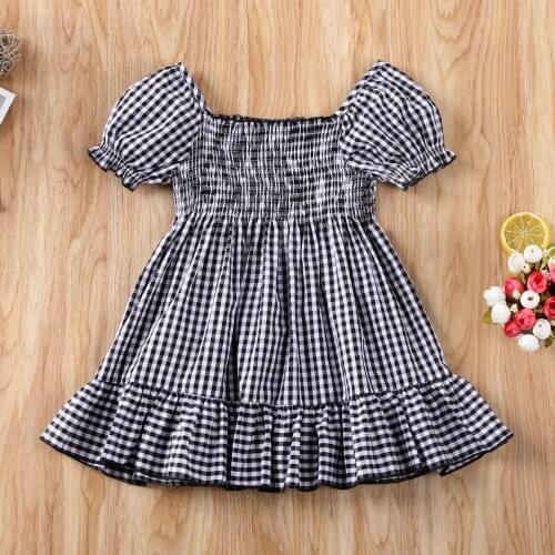 Pudcoco Toddler Baby Girl Clothes Plaids Off Shoudler Short Sleeve Ruffle Dress Princess Pageant Party Tutu Dress Clothes
