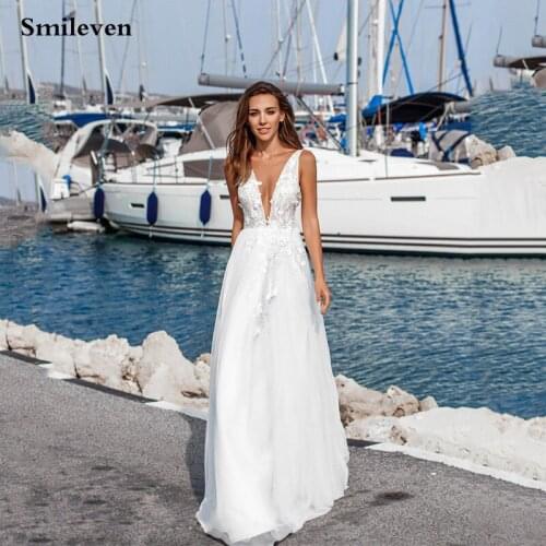 Smileven Graceful V Neck Beach Wedding Dresses Backless 3D Floral Appliqued Lace Bridal Gowns Tulle vestido de novia Custom Made