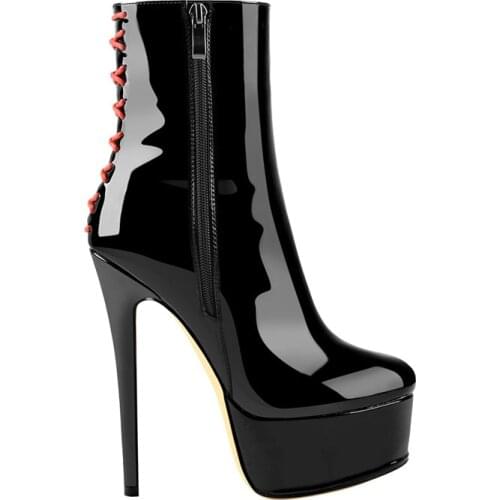 Richealnana Black Rounded Toe 16CM Thin High Side Zipper Fashion Party bright Patent leather Ankle Boots Size Plus US5~US15