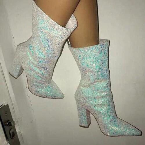 Bling Bling Fluorescence Yellow Pink Sliver Sequins Crystal Pointed Toe Woman Square Heels Mid-calf High Heel Short Boots Lady