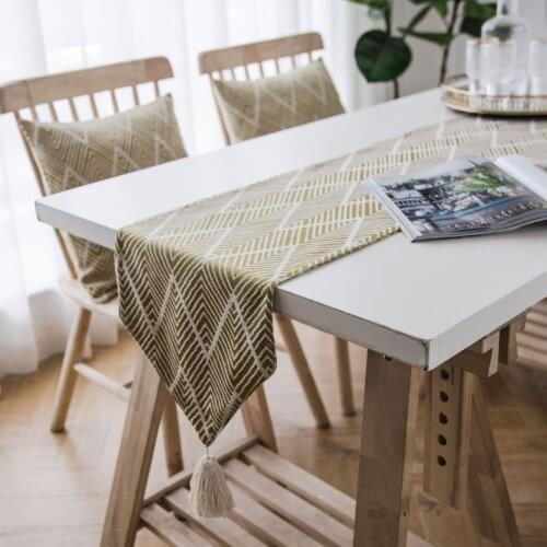 Nordic National Style Design Geometric Fringes Table Runner Cotton Linen Navy Blue Ripple Table Flag Tassels Modern Tablecloth