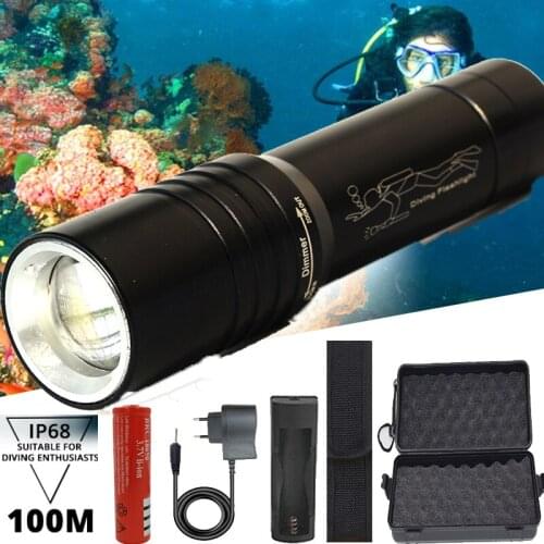 Super Bright Zoom LED Diving Flashlight IP68 Highest Waterproof rating Professional diving light Powered by 18650 battery