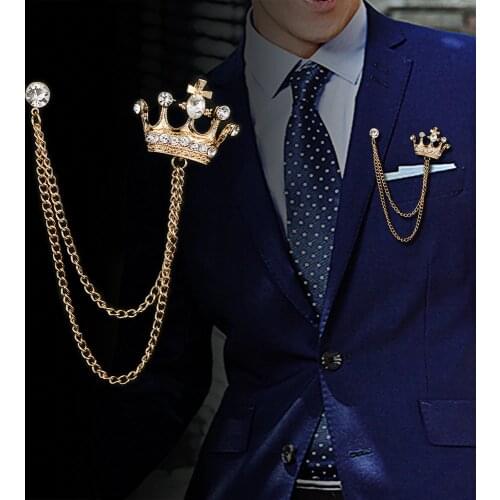 I-Remiel High-end Retro Mens Tassel Brooch Vintage British Style Pin Crystal Crown Badge Corsage for Suit Collar Accessories