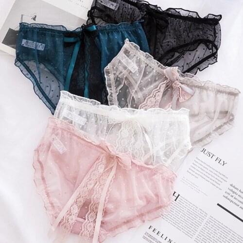 Japanese Women Sexy Hollow Mesh Panties Cute Polka Dot Transparent Briefs Underwear Lace Ribbon Big Bow Ruffles Lingerie