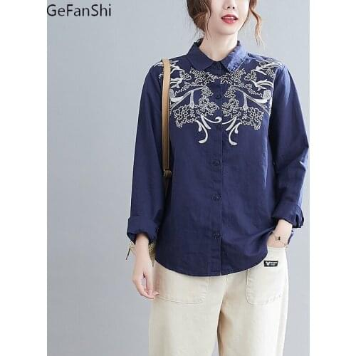 New Arrival 2021 Women Autumn Blouses Shirts Embroidery Long Sleeve Cotton Linen Casual Loose Tops Elegant Female Girl Tops