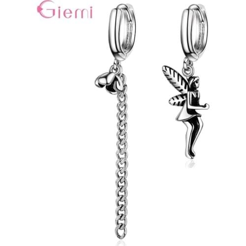 Asymmetric 925 Silver Prevent Allergy Hoop Earrings for Women Trendy Design Long Chain Elf Little Angel Jewelry Gift