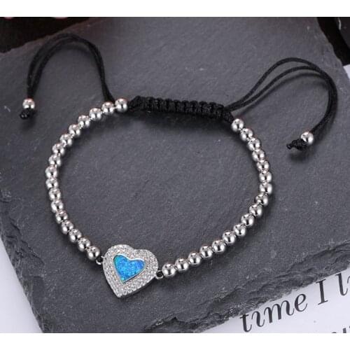 Silver micro pave Cubic Zirconia cz zircon rope adjusted Macrame Blue Opal bracelet hfd2 heart Braided Bangles For Women