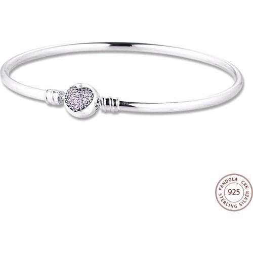 Circle of Love Silver Bangle 100% 925 Sterling Silver Clasp Pink CZ Charm Bangle Bracelets For Women DIY Jewelry pulseras mujer