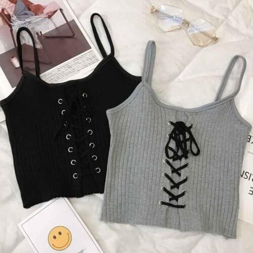 Heliar Spaghetti Strap Crop Top Female Drawstring Camisoles Women Solid Tank Tops Bandage Knitted Streetwear Mujer Camis