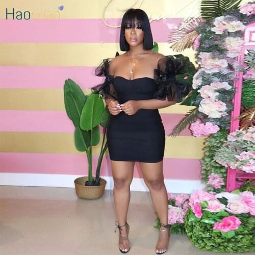 HAOYUAN Sexy Off Shoulder Mini Dress Mesh Sheer Sleeve Bodycon Dress Stacked Vestidos Women Fashion Clothing Night Club Dresses