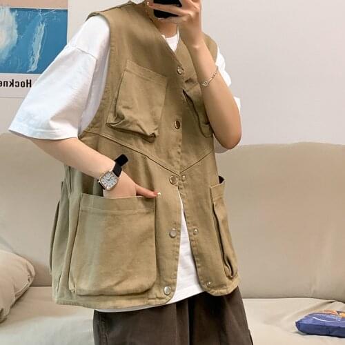 Summer V-neck Tooling Vest Mens Fashion Retro Multi-pocket Vest Men Streetwear Loose Hip-hop Sleeveless Jacket Mens M-2XL