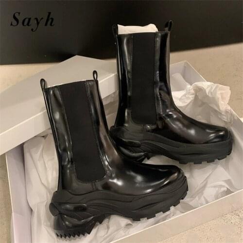 2020 Fashion Platform Women Boots Black Leather Chunky Heel Mid Calf Boots For Women Luxury Brand Design Winter Motorcycle Boots