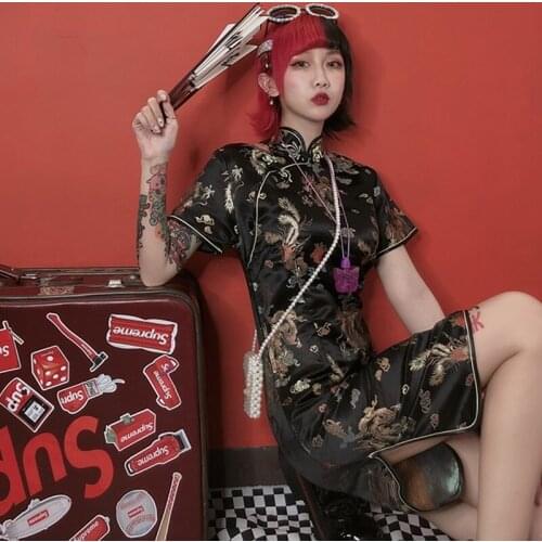 2020 New Chinese Traditional Dress Short Cheongsam Vintage Vestidos Chinese Dress Qipao Embroidery Chinese Dragon Dress 10527