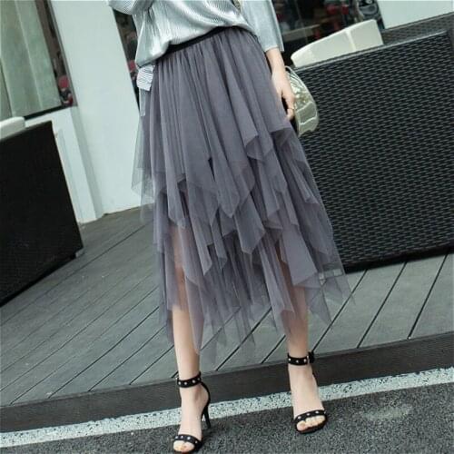2021 Fashion Tulle Long Skirts Women Elastic High Waist Irregular Pleated Skirt Summer Autumn Solid Color Elegant Skirts Female