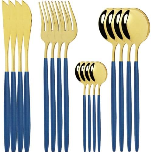 4Set Pcs Mirror Dinnerware Set Blue Gold Fork Spoon Knife Cutlery Stainless Steel Western Flatware For Kitchen Tableware Set