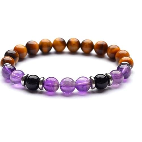 8mm Black Agate Amethyst Tiger Eye Beaded Bracelet Stainless Steel Spacer Beads Healing Reiki Energy Bracelets