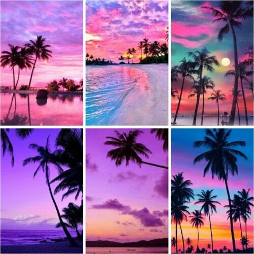 Huacan 5D Diamond Painting Cross Stitch Seaside Tree Diamond Mosaic Embroidery Landscape Modular Pictures Home Decoration